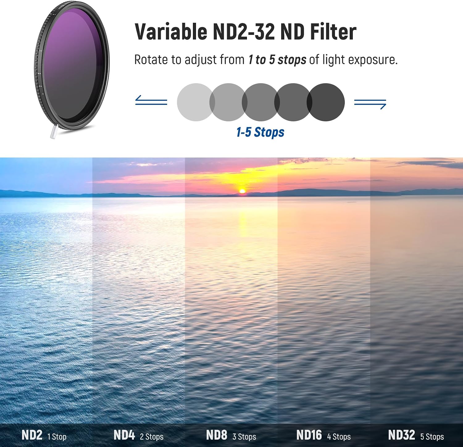 Thumbnail 1 de NEEWER HD True Colors 62 mm Variabler ND-Filter ND2–512 (ND2–ND32, 1–9 Blendenstufen) inkl. magnetischem ND32