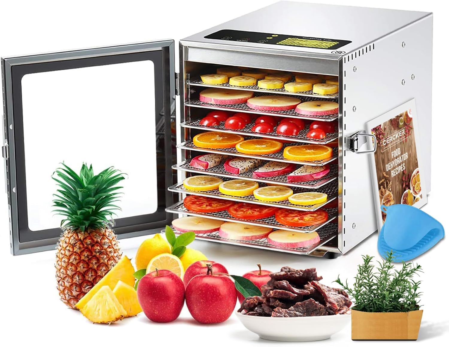 Detalle de Cercker 8-Tray Stainless Steel Food Dehydrator (500W) with 24H Timer, 70°F–190°F Jerky & Fruit Dryer