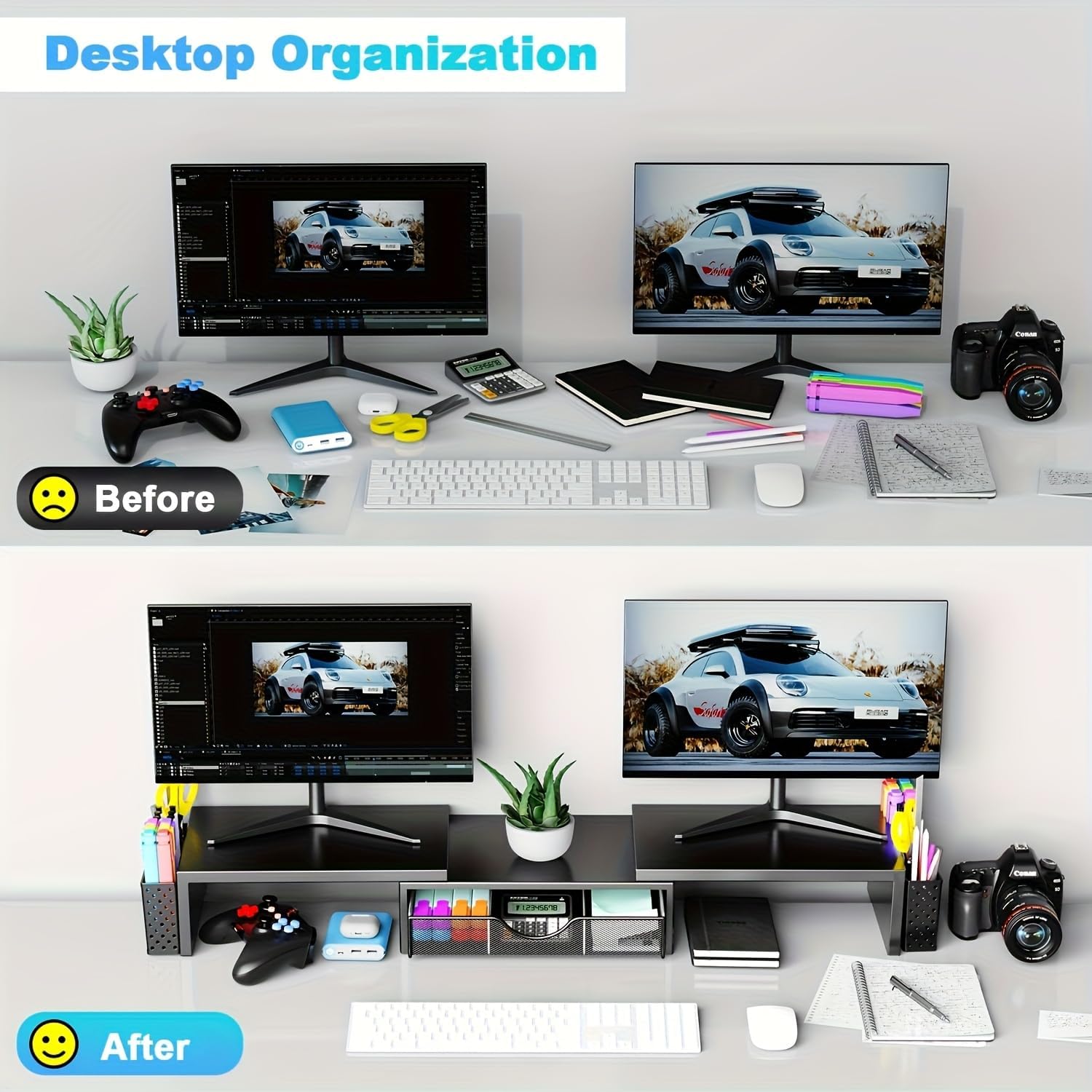Thumbnail 1 de Pygocereri dual monitor stand riser with drawer and pen holders (adjustable height/angle) – metal black