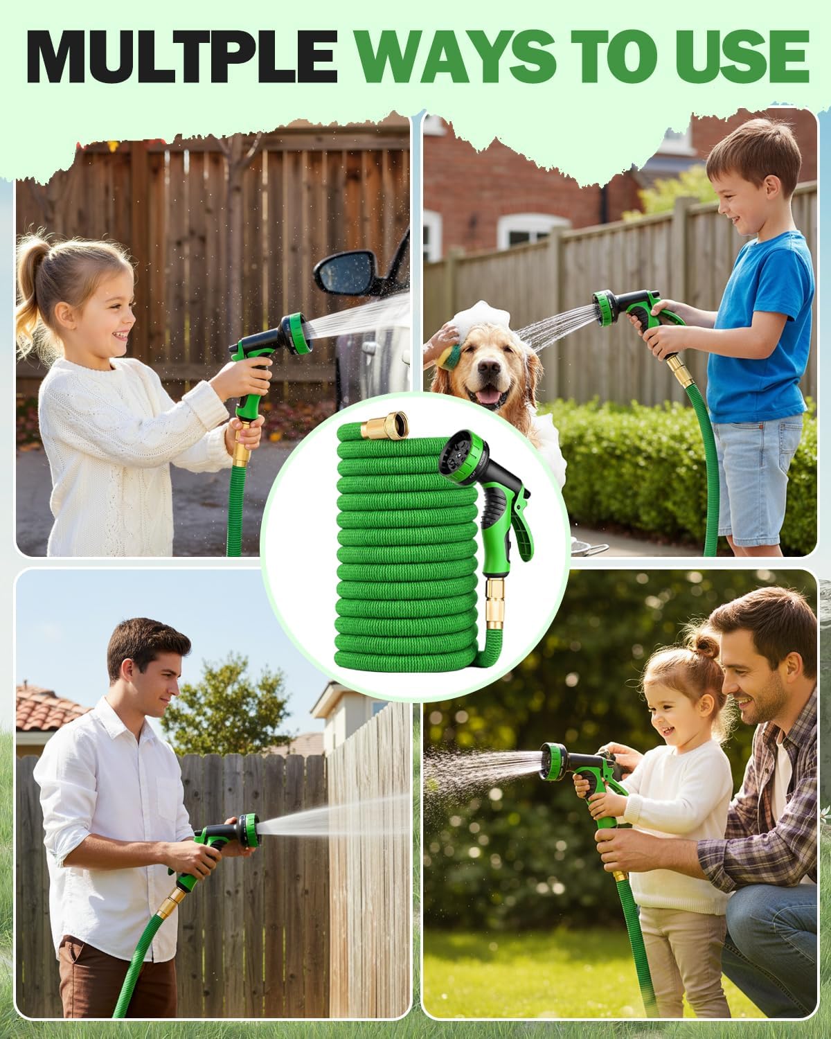 Detalle de 150FT Expandable Garden Hose with 4-Layer Latex Core, 10-Function Nozzle and Copper-Plated Connectors (Green)