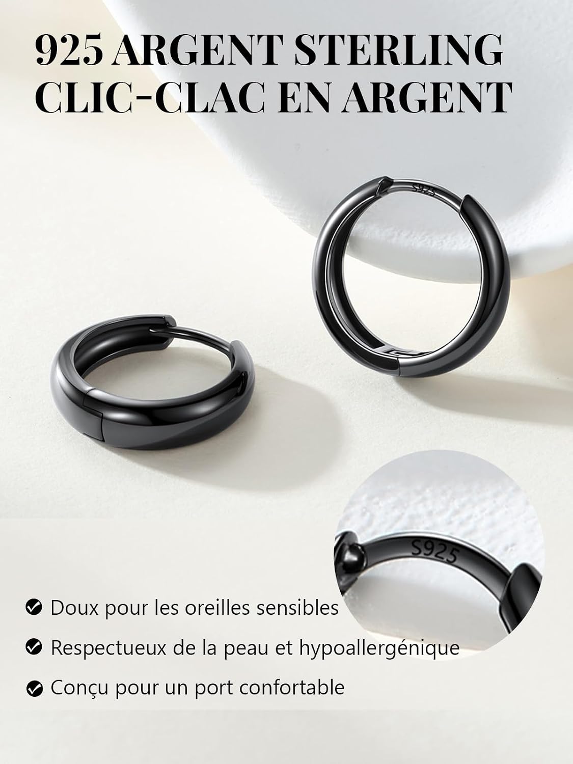 Thumbnail 6 de Silvora Petit Créoles Argent/Plaqué Or/Noir pour Femme – 8 à 14 mm