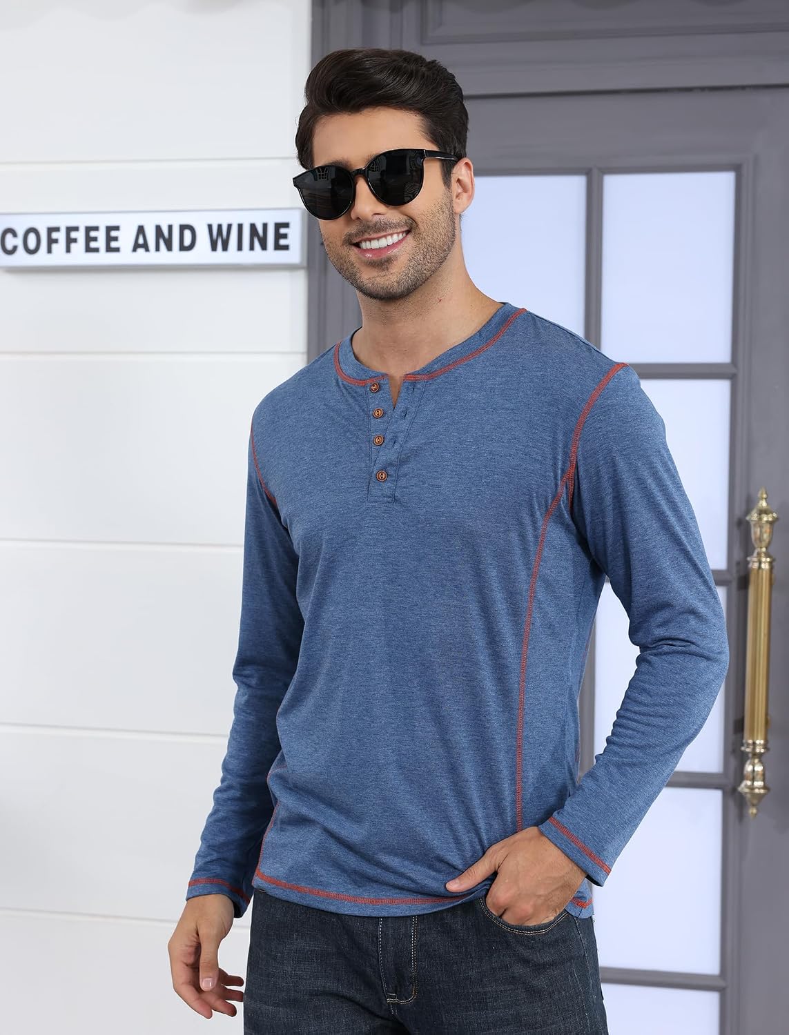Detalle de LAOARA heren-T-shirt met lange mouwen, Henley en rolkraag, M-2XL
