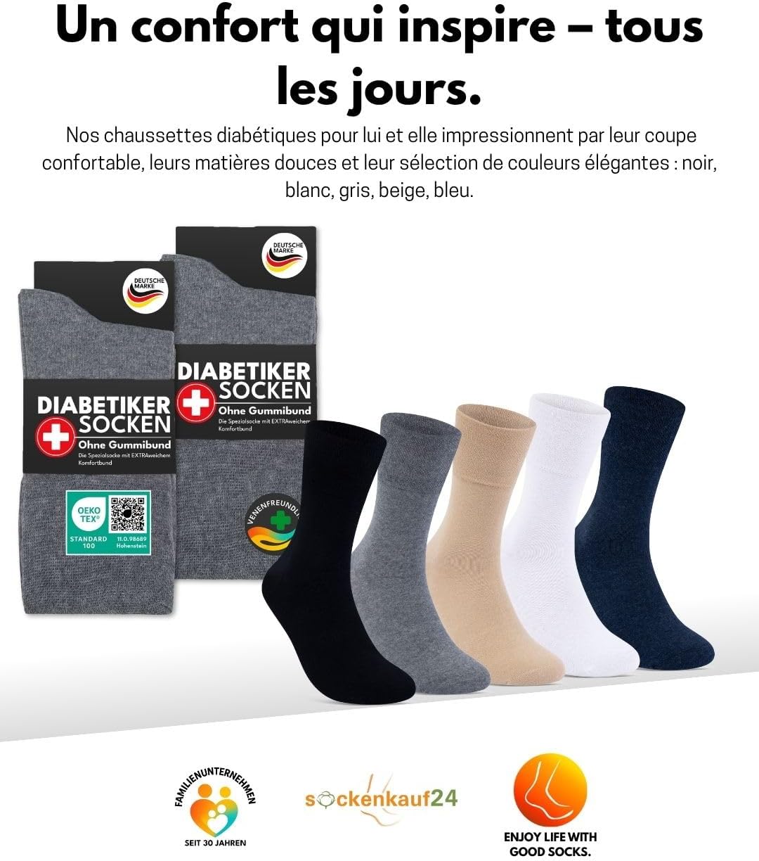 Thumbnail 6 de Lot de 6 paires de chaussettes diabétiques unisexes en coton (97%) sans couture et sans élastique