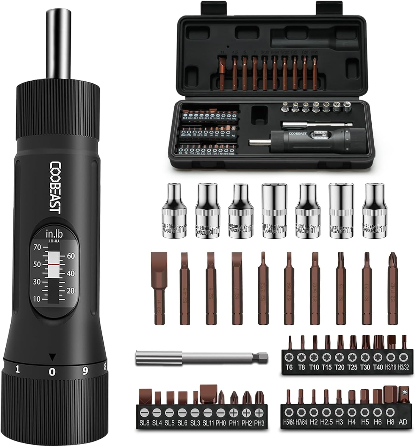 Detalle de coobeast S2 49-Piece Torque Screwdriver Set, 1/4-Inch Drive, 10–70 in-lb