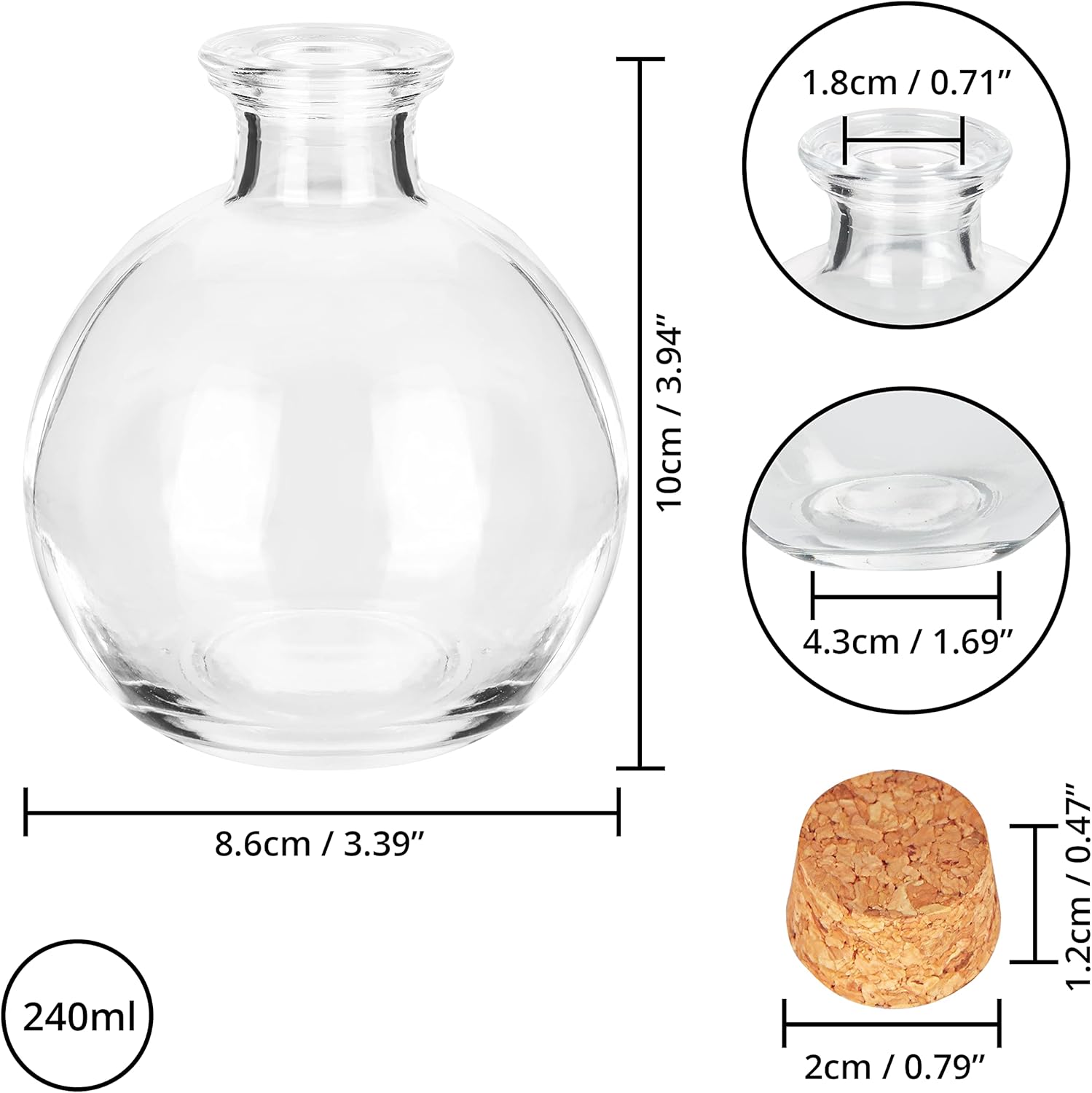 Detalle 2 de BELLE VOUS Spherical Glass Bottles 240ml Jar with Cork Stopper