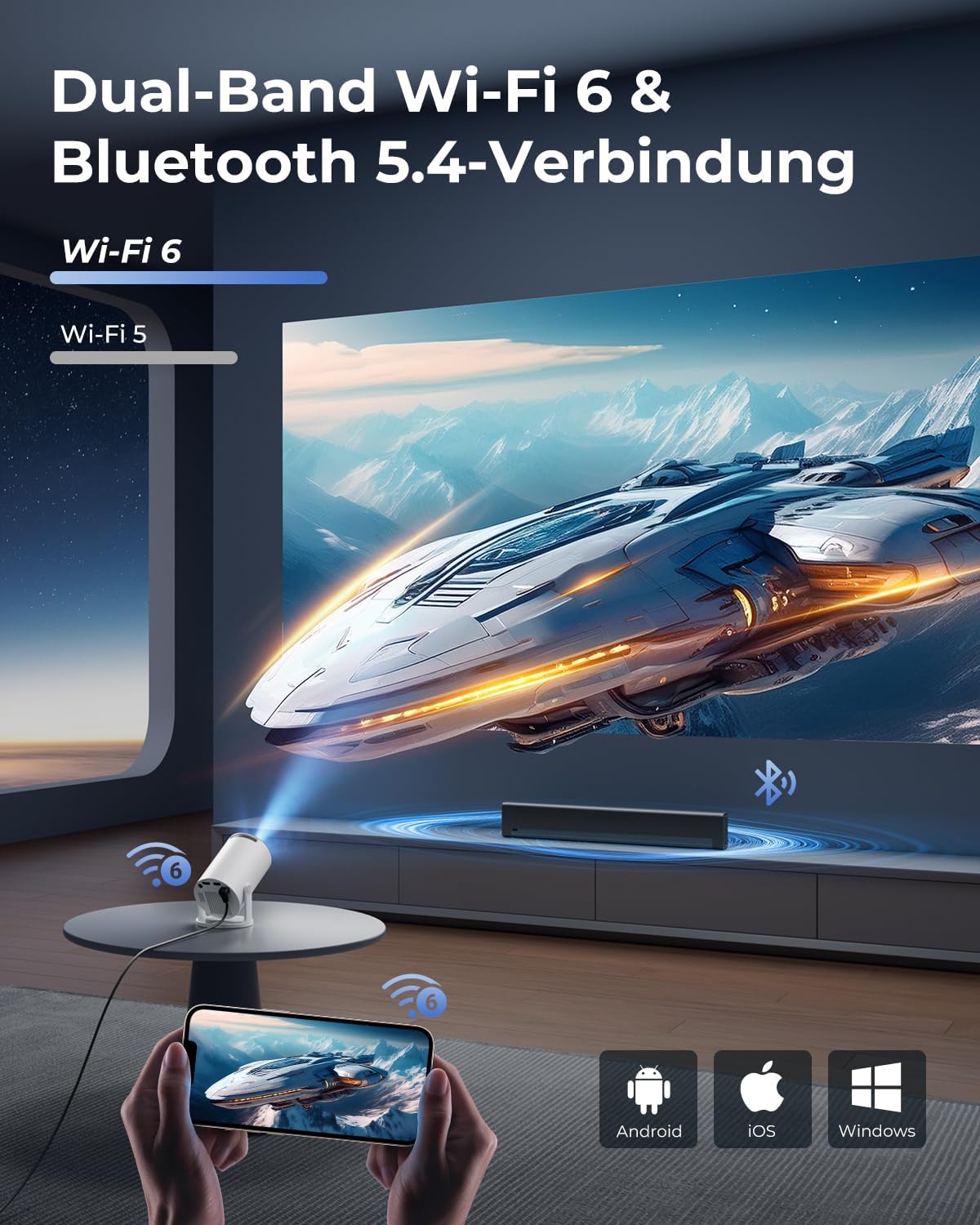 Detalle de Mini Beamer 4K Unterstützt – 2026 Neuer Beamer mit Android 14, 20.000 Lumen, WiFi 6, 180° Dreh, Kurzdistanz