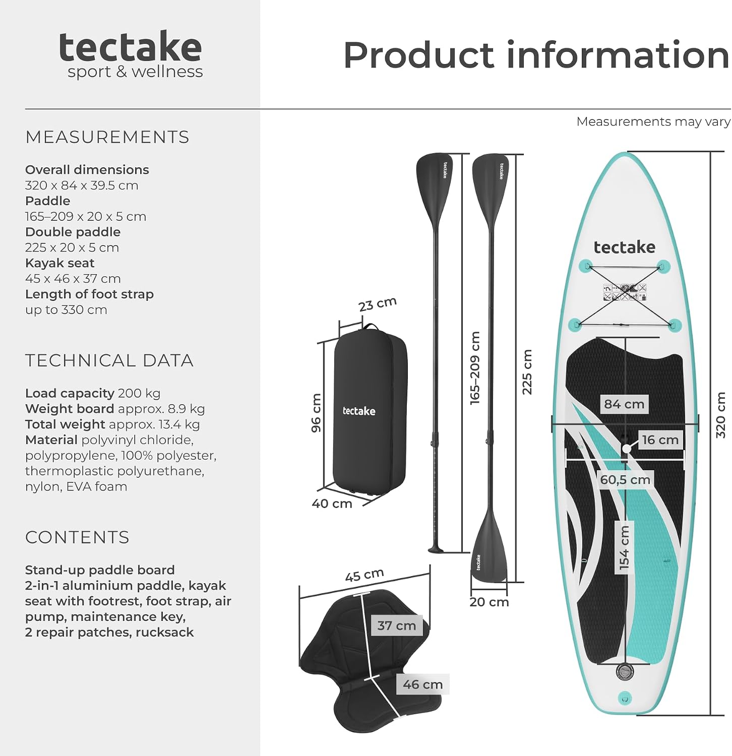 Detalle 2 de tectake Zenon uppblåsbar SUP-bräda med kajaksits, Drop-Stitch och 200 kg kapacitet