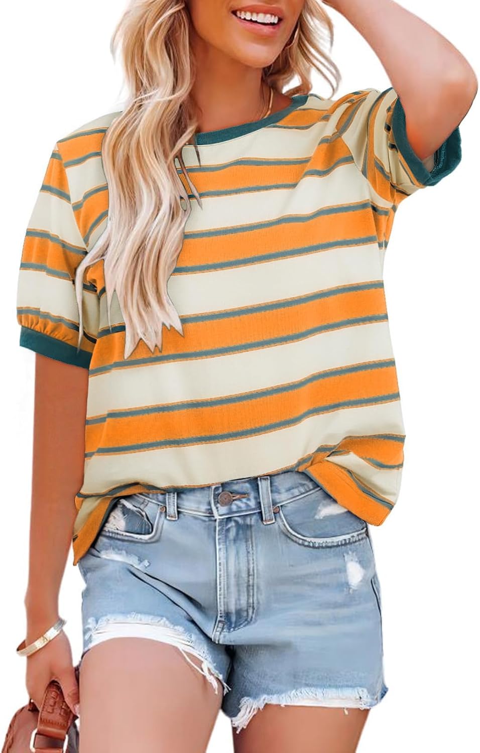 Detalle de Cuptacc Damen T-Shirt Rundhals Locker Gestripes, Baumwolle – Sommer-Top mit Kontrast