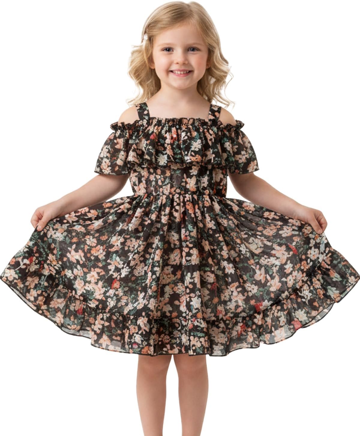 Thumbnail 3 de JiAmy toddler girls summer dress with floral off-shoulder chiffon ruffle hem (1–6 years)