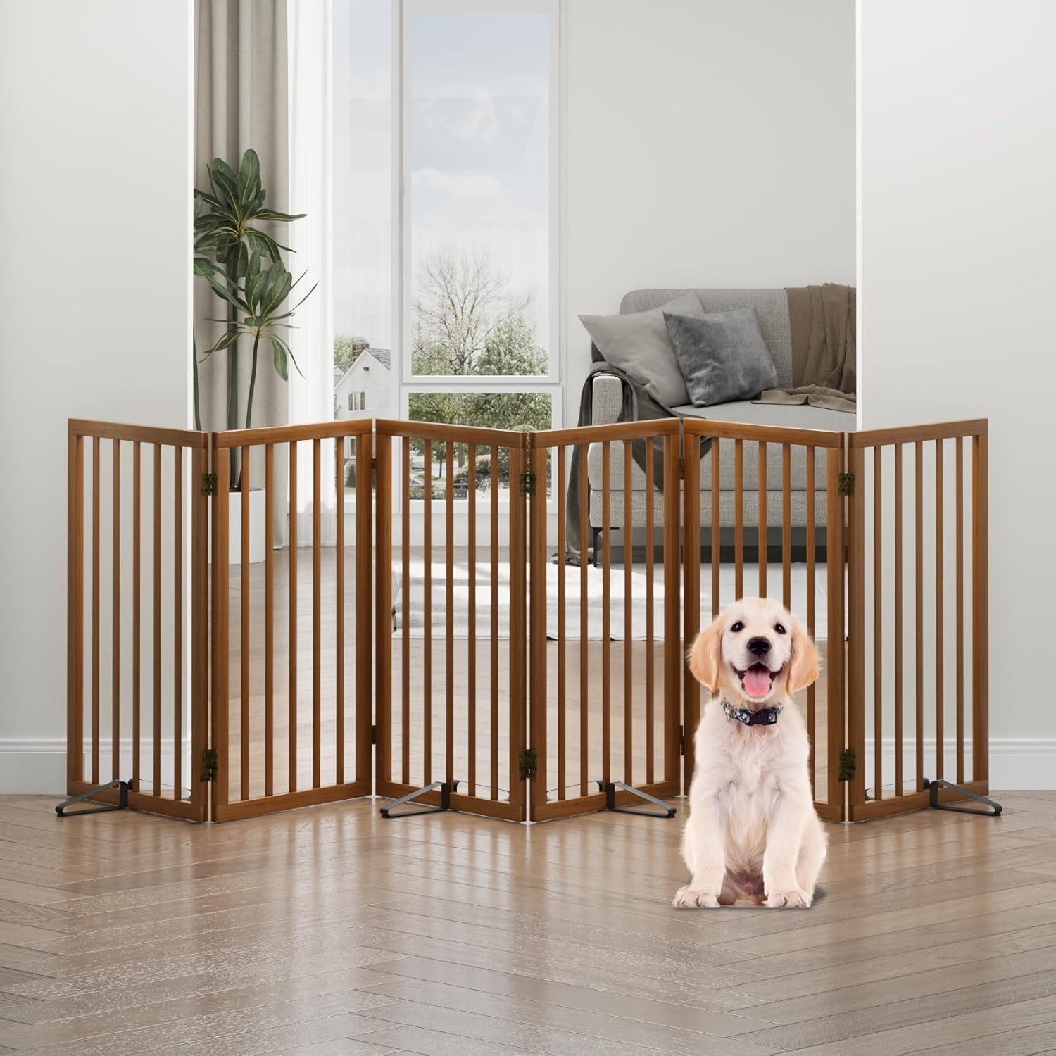 Detalle 2 de Algherohein großes faltbares Hundegitter für Türen & Innenbereich mit Metallstützfüßen (6 Paneele, Nussbaum)