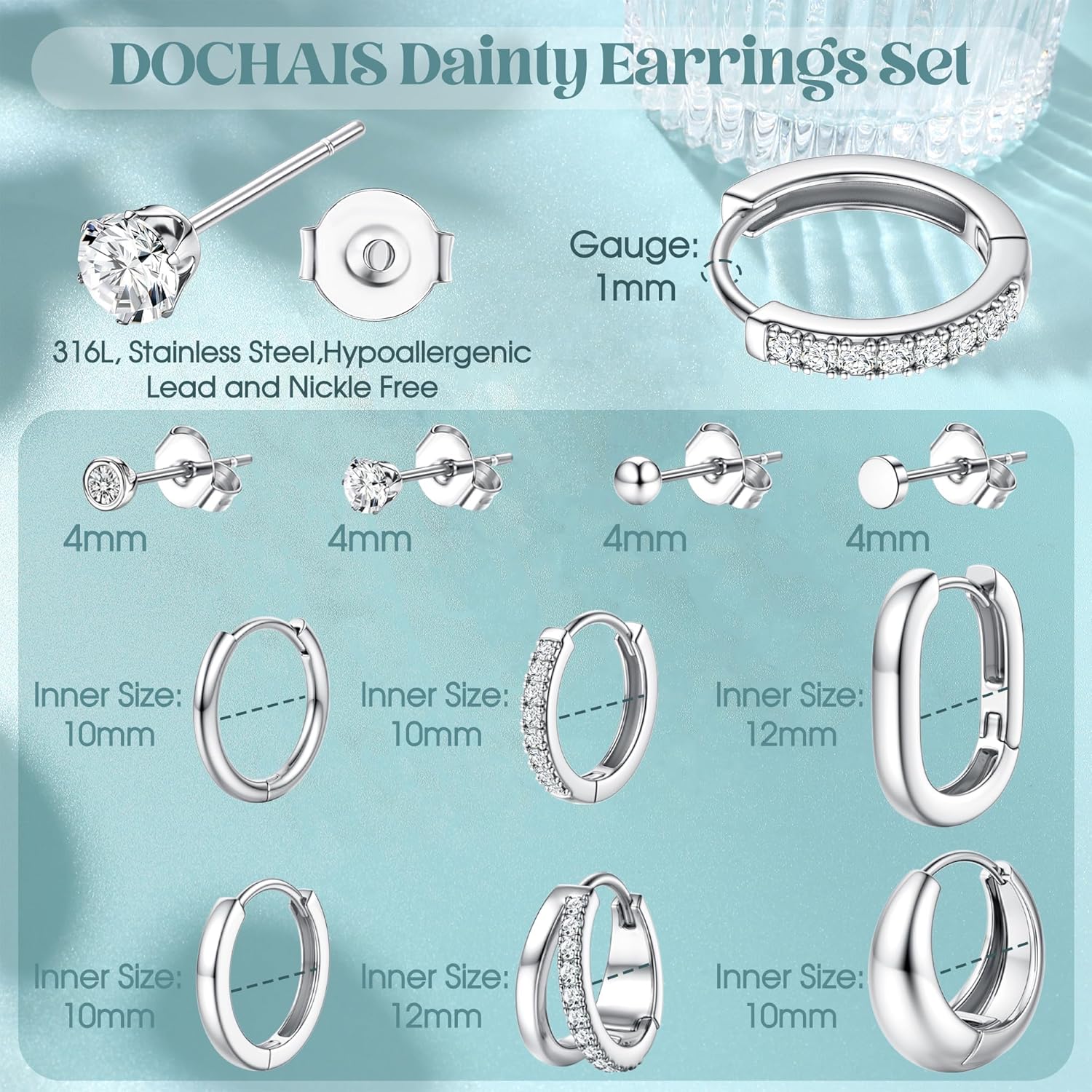 Thumbnail 3 de Dochais Ohrringe Gold/Silber Set (10 Paar) aus 316L Chirurgenstahl, Huggie-Creolen & Stecker mit Zirkonia