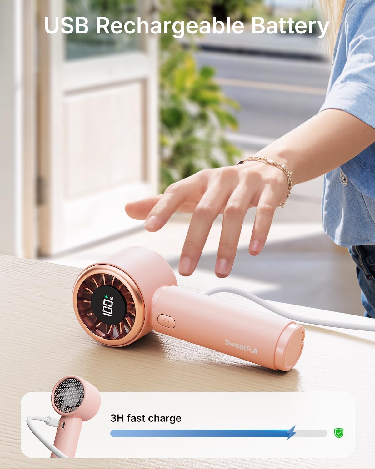 Detalle de SWEETFULL Mini Fan Portable - Pink Handheld Turbo Fan with 5 Speeds and 2000mAh Battery