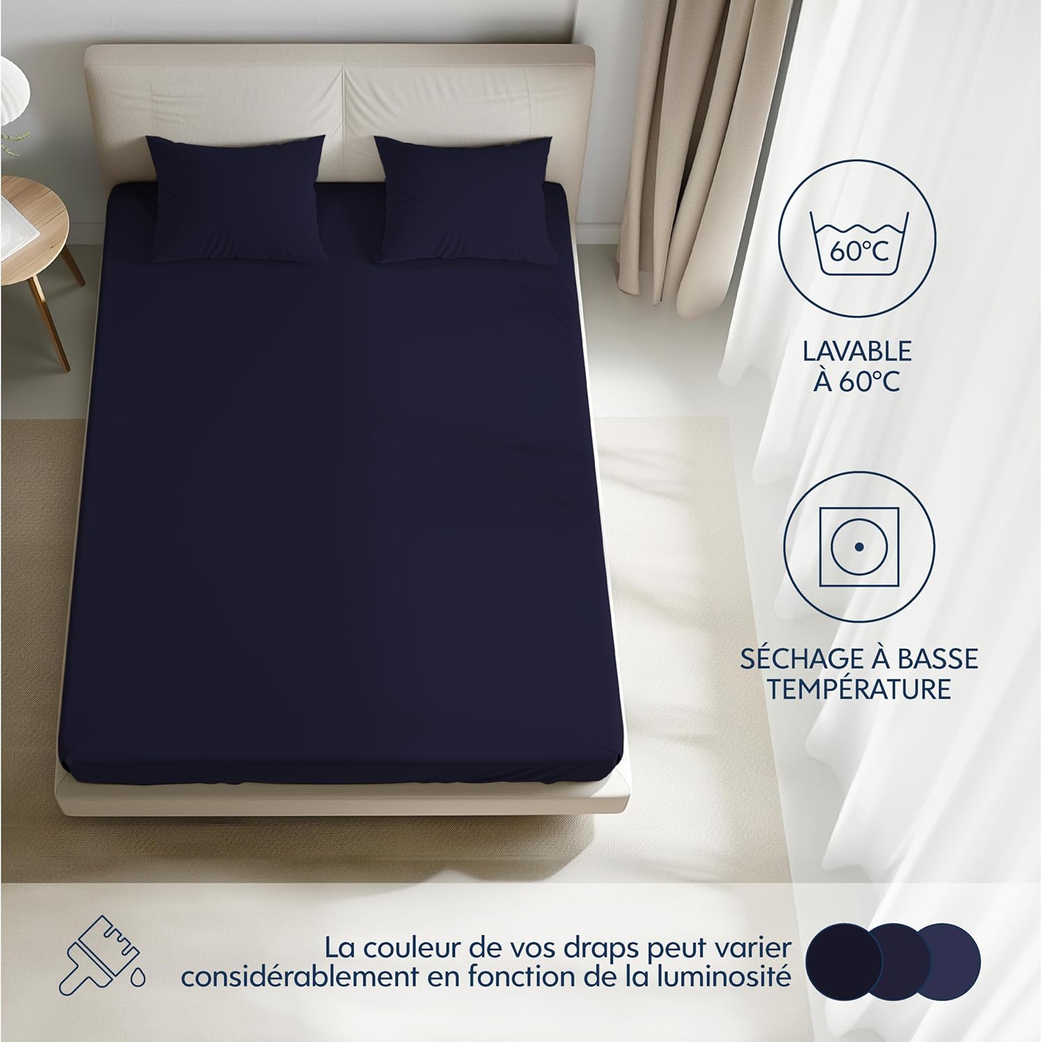 Thumbnail 4 de Dreamzie Drap housse 160x200 cm en jersey 100% coton premium, bleu foncé (matelas jusqu’à 27 cm)