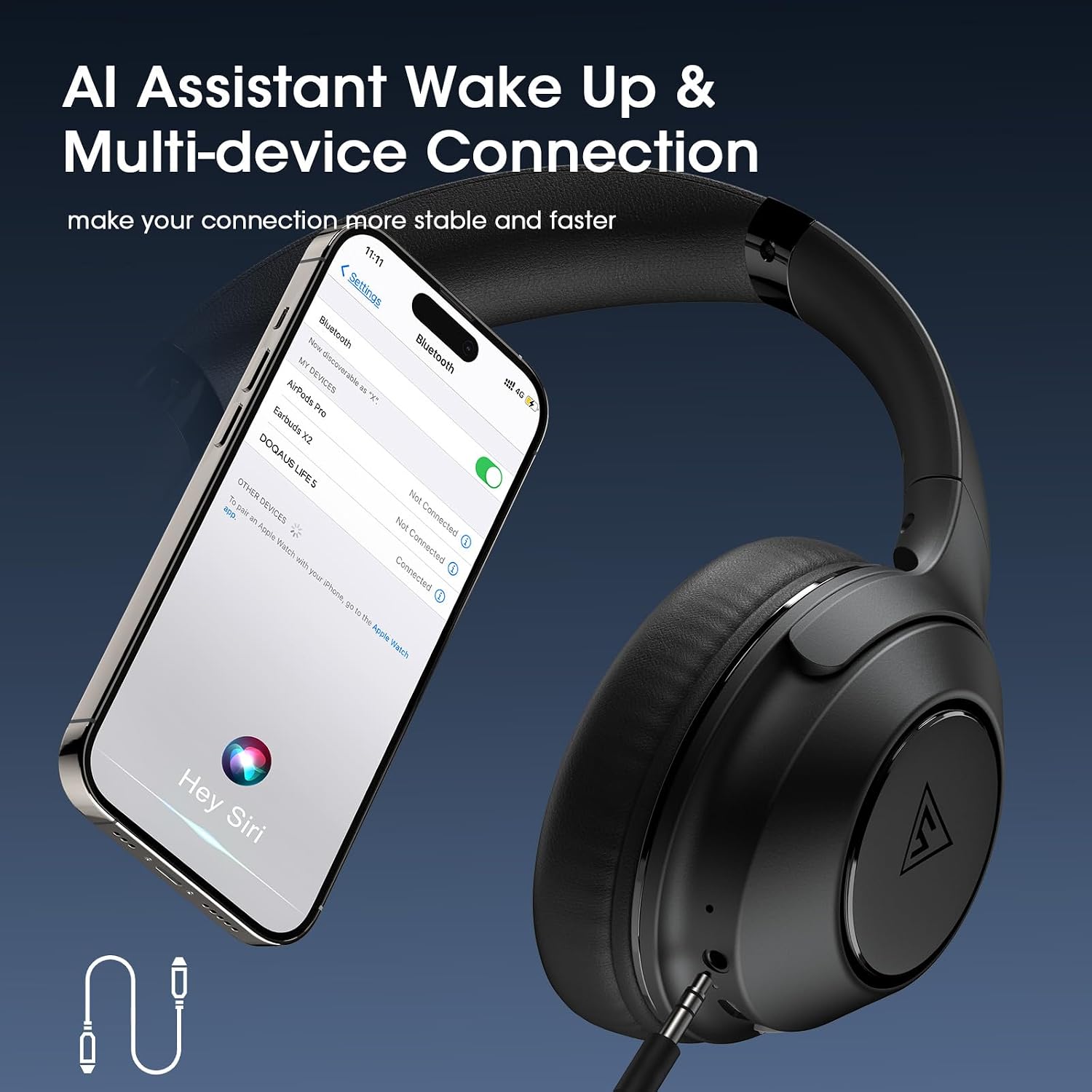 Thumbnail 6 de DOQAUS Life5 Wireless Over-Ear Headphones — 70h Playtime, BT 5.3, 3 EQ Modes, Foldable with Microphone (Black)