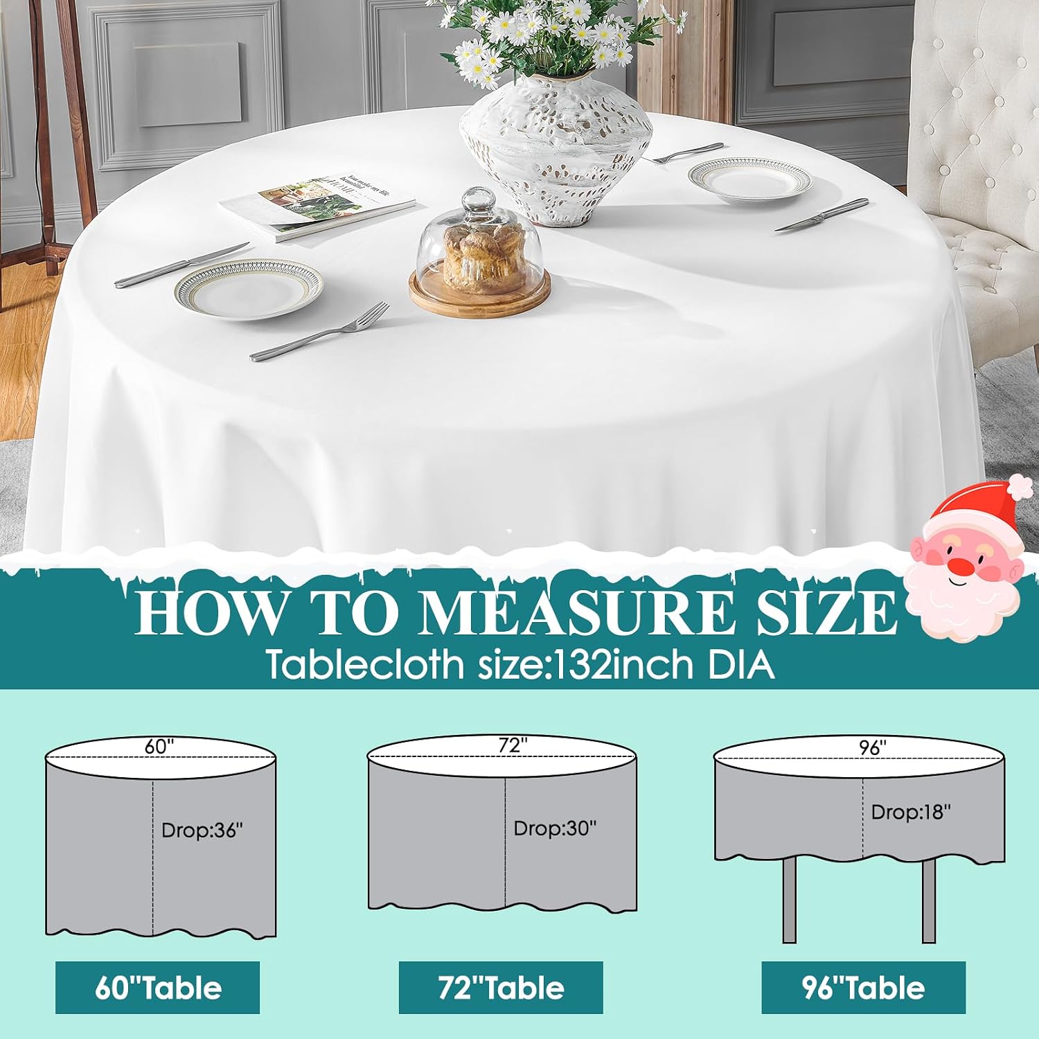 Detalle 2 de VidaFete Round Tablecloth (132-inch) — 10 Pack Polyester Table Cover, Stain & Wrinkle Resistant (White)