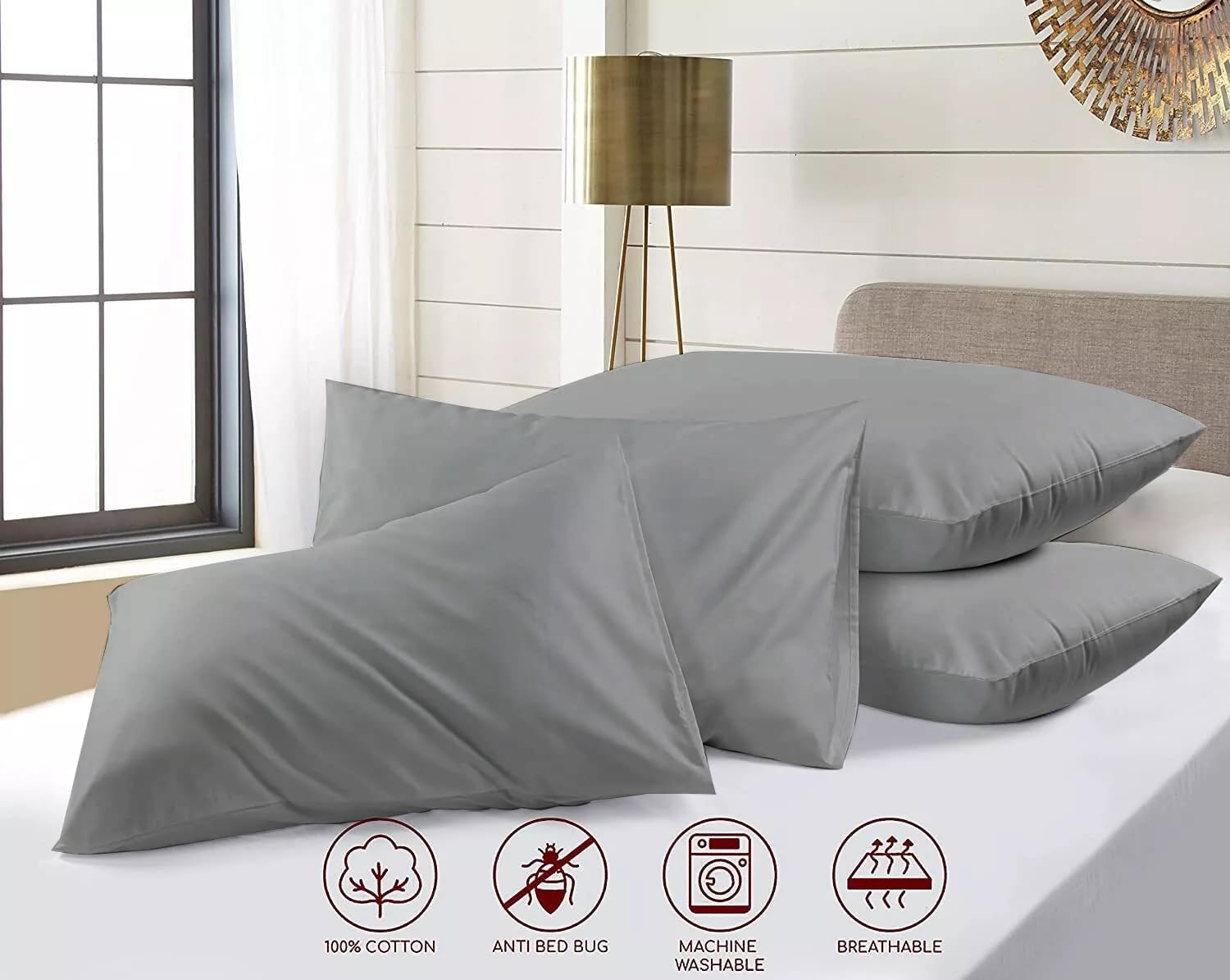 Detalle de Rehan & Co Grey Pillow Cases, 4 Pack (50 x 75 cm) – 200 Thread Count Egyptian Cotton