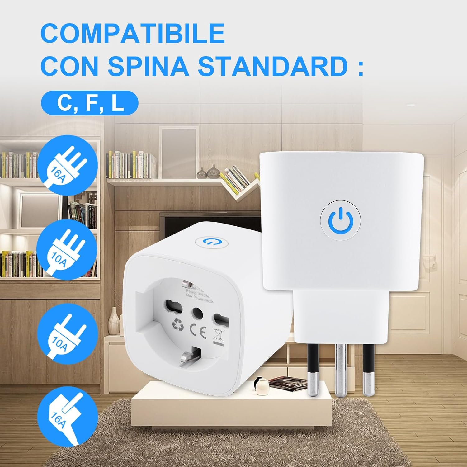 Detalle de Presa WiFi Italiana Type L per monitoraggio energetico Smart Plug, con timer e protezione (2 pezzi) compatibile Alexa & Google Home