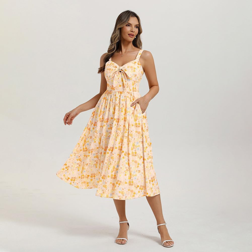 Detalle de Belle Poque Robe longue à fleurs pour femme – Nœud avant, Dos froncé, Bretelles spaghetti