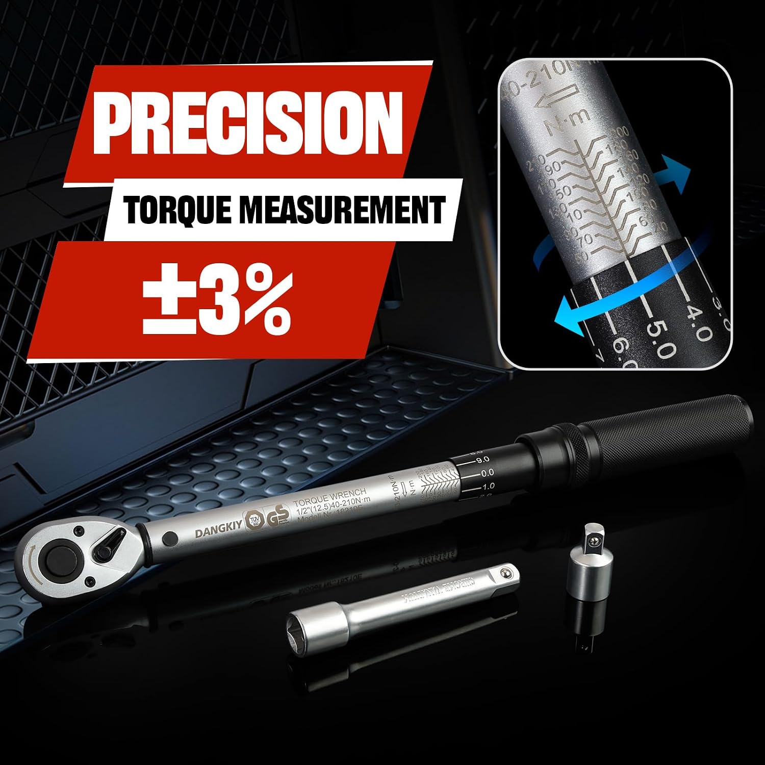 Detalle de DANGKIY Drehmomentschlüssel Auto & Motorrad (1/2 Zoll, 40–210 Nm) inkl. 125-mm Verlängerung, 3 Stecknüssen