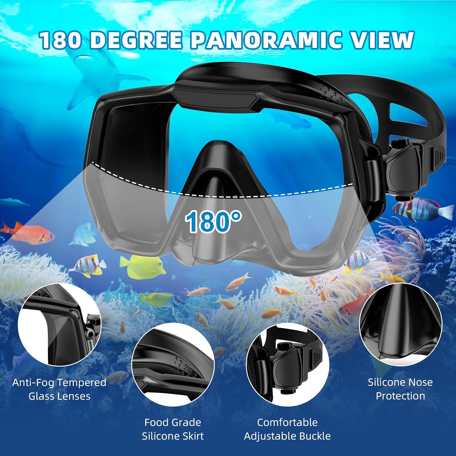 Thumbnail 3 de Snorkel Set Adults with Anti-Leak, Anti-Fog Panoramic Mask and Dry Top Snorkel