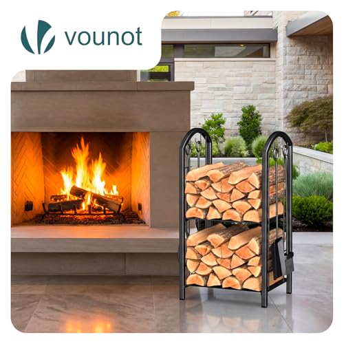 Detalle de VOUNOT Porte-Bûches de Cheminée grande capacité avec 4 outils et 2 étagères – 75×38×38 cm, Noir