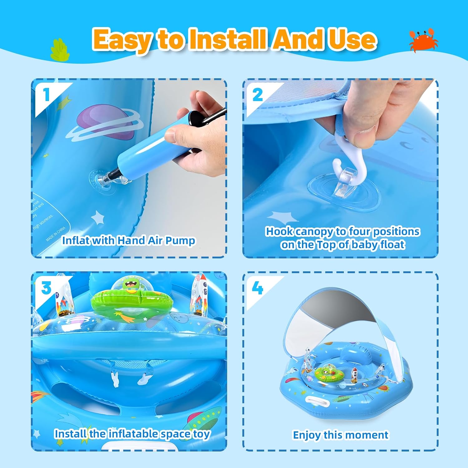 Thumbnail 6 de GEEQUFLOAT Baby Pool Float with Canopy — Inflatable UPF50+ Sun Protection, Adjustable Safety Seat, Toy Play Console