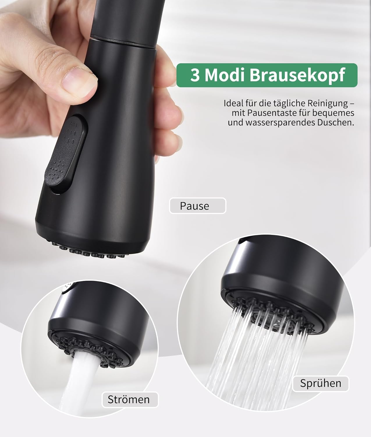 Thumbnail 2 de Wasserhahn Küche Ausziehbar – Hochdruck Küchenarmatur mit 3 Funktionen, 360° Drehbar, ausziehbarer Brausekopf in Schwarz
