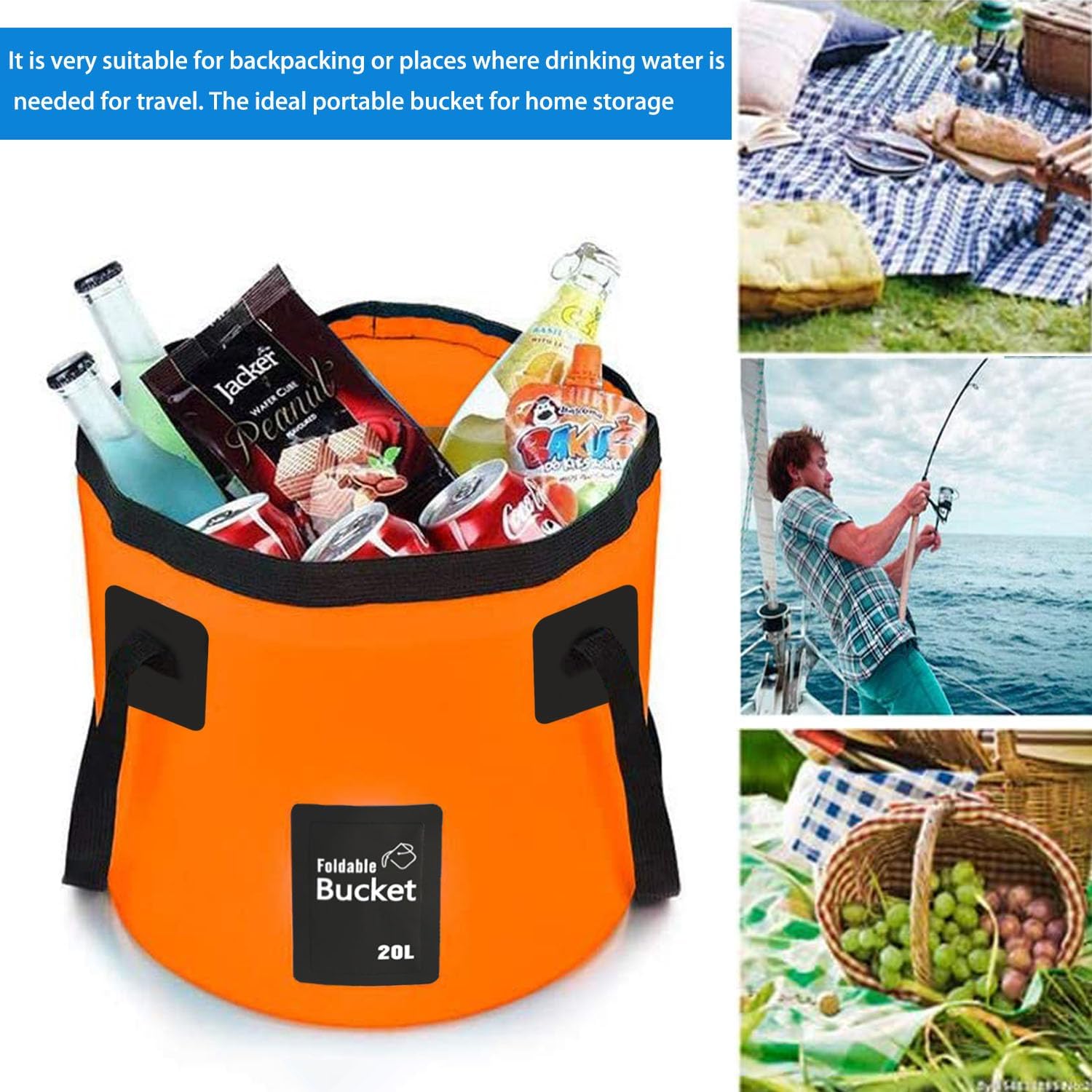 Thumbnail 6 de 12L/20L Folding Water Bucket (Collapsible) in Yellow – Lightweight portable for camping, fishing, gardening