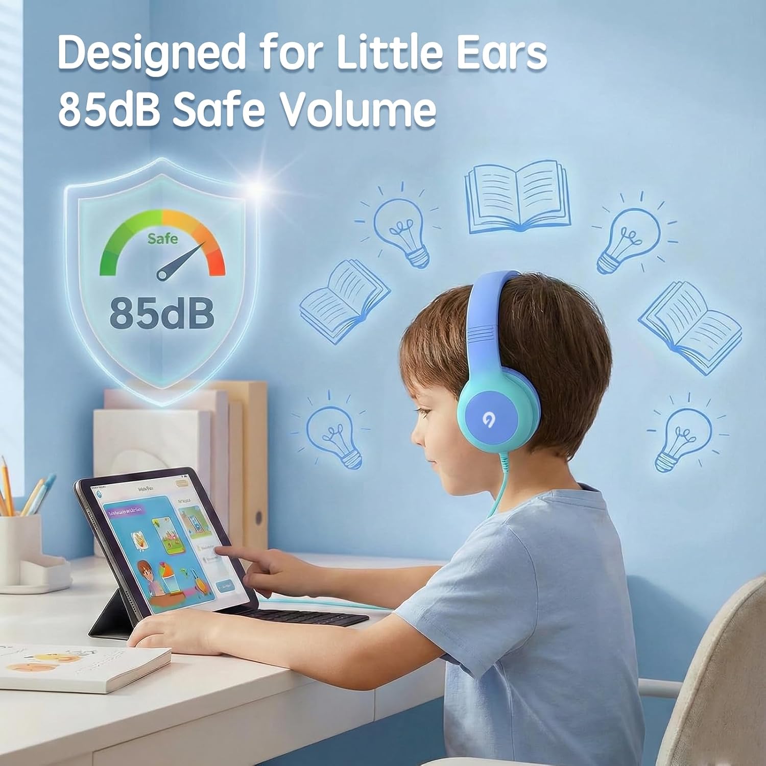 Detalle de ADOOPE Wired Kids Headphones (USB-C Plug) with 85dB Safe Volume Limit — Sky Blue & Mint Green (No Microphone)