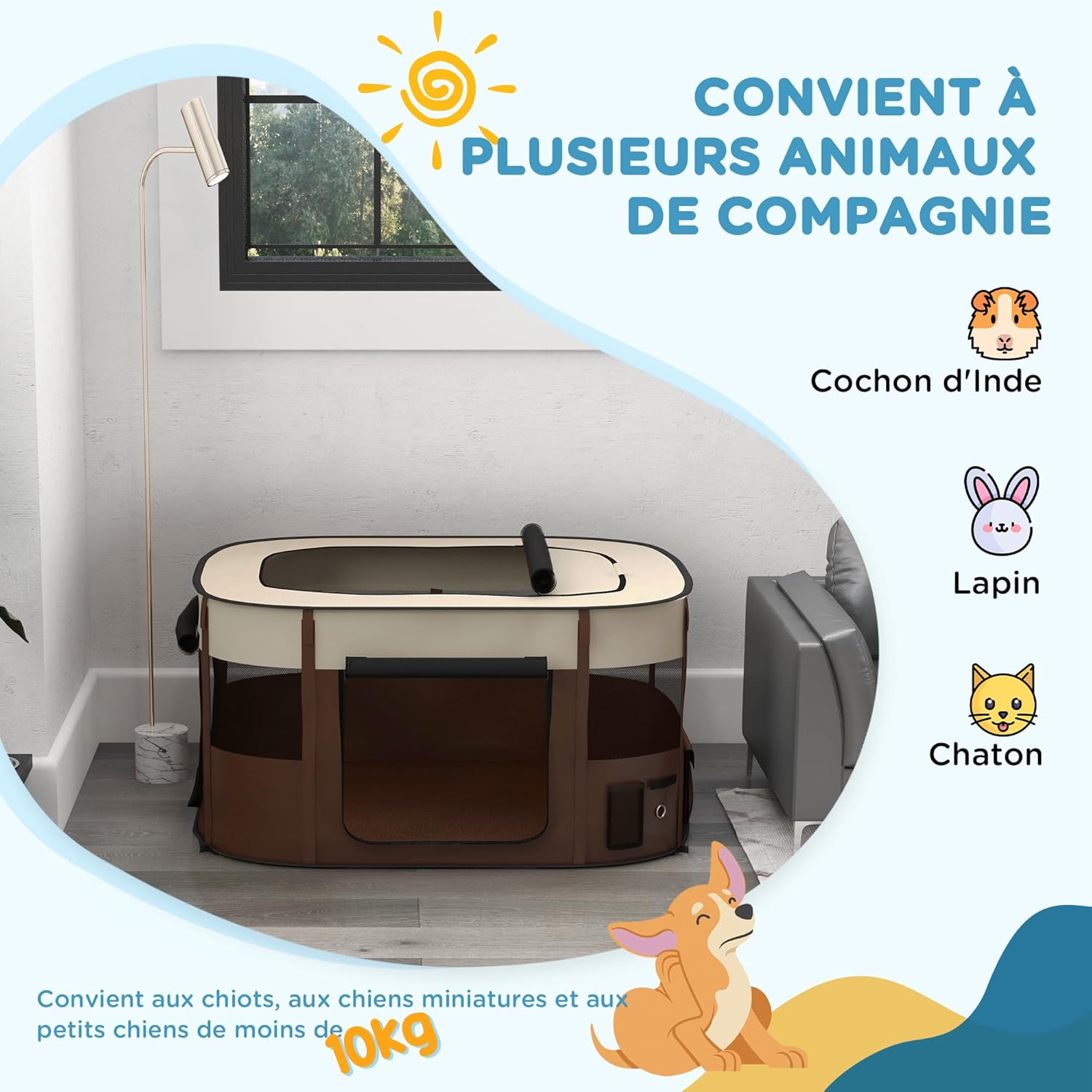 Detalle 2 de PawHut Parc pour Chien en Tissu Oxford – Enclos pliable 114 x 89 x 59 cm, blanc crème et marron
