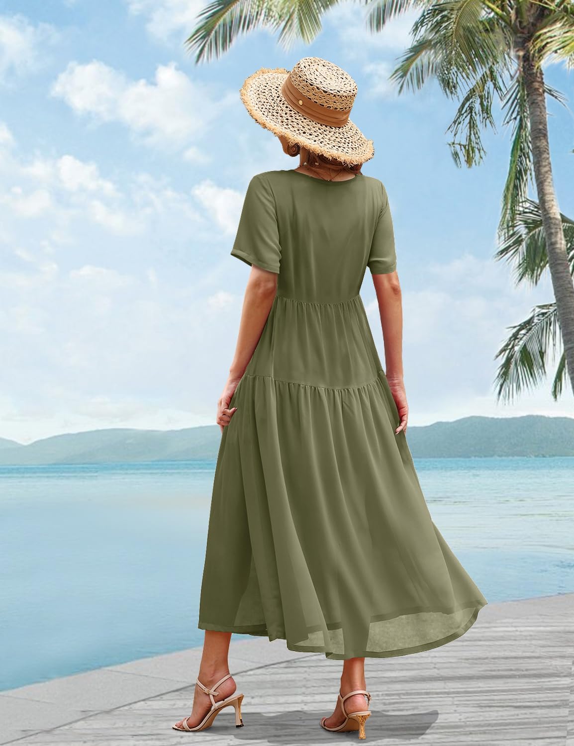 Detalle de YESNO Damen Kleid – Lose Sommermaxi aus 100% Baumwolle mit Blumenmuster, boho Stil