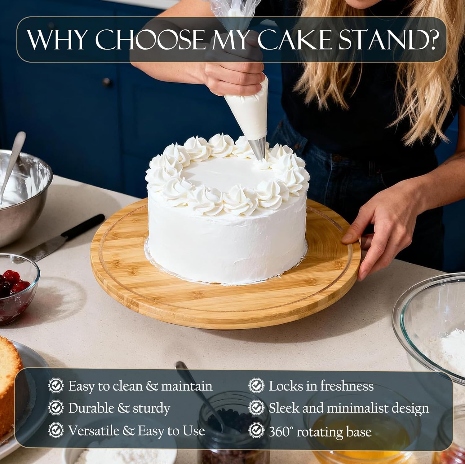 Thumbnail 5 de Masthome Wooden Cake Stand with Lid (12-inch) with Rotating Base and Clear Acrylic Dome Cover