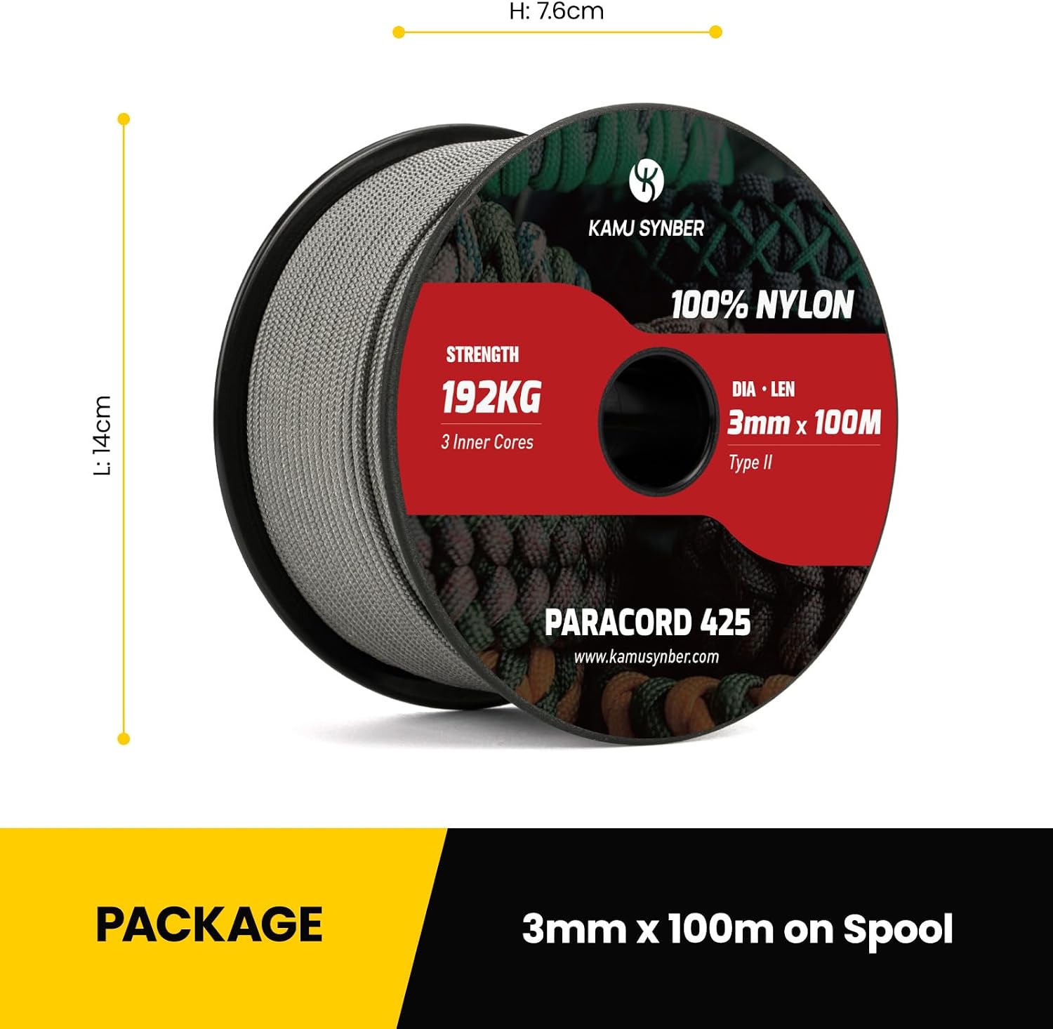 Detalle de Kamu Synber Paracord 3mm x 100m Paracord 425 – 100% Nylon, Tragkraft 192 kg, UV‑beständig, 100 m Spule