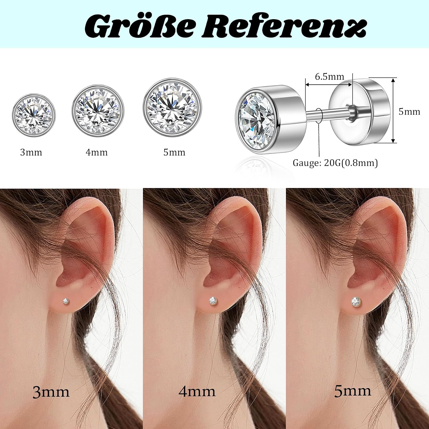 Detalle de Titan Ohrstecker Hypoallergen (G23) mit Schraubverschluss und Zirkonia – 3 mm/4 mm/5 mm