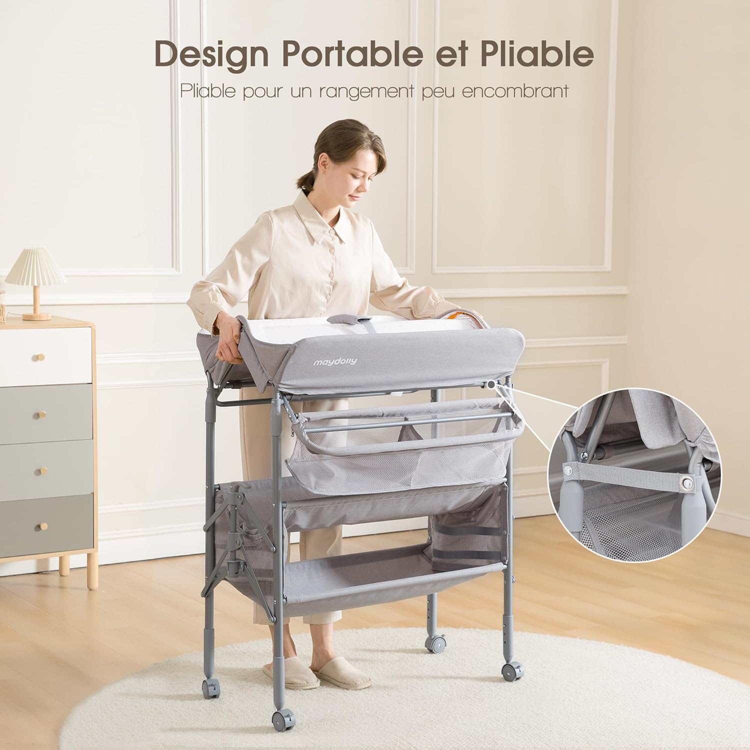 Thumbnail 2 de Maydolly Table à langer bébé pliante avec roulettes et hauteur réglable (gris)