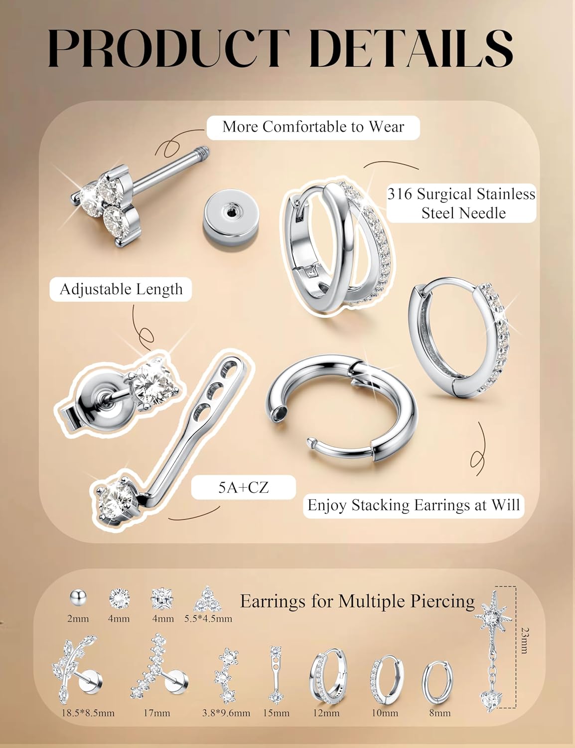 Thumbnail 4 de Roheafer 12-tlg. Helix-Piercing Set aus 316L-Chirurgenstahl mit Flatback, Huggie-Hoops & verstellbarem Jacket (Gold/Silber)