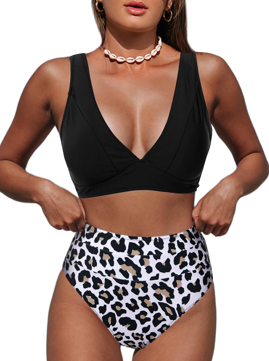Detalle de Hilinker Women's Leopard Bikini Swimsuits: V Neck High Waisted 2-Piece