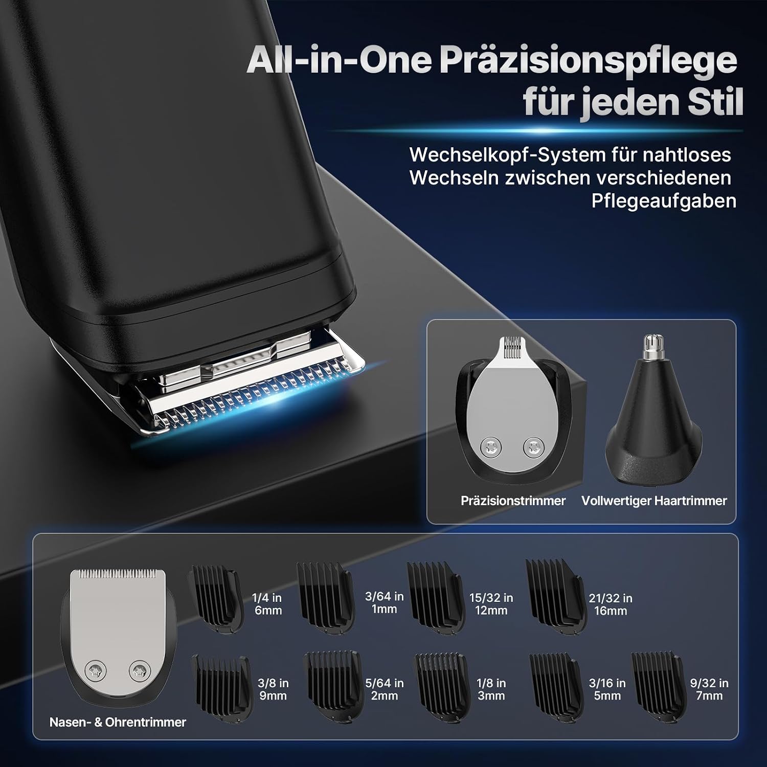 Detalle de Valano 3-in-1 Profi Haarschneidemaschine & Bartschneider – kabellos, 9 Aufsätze (1–16 mm) für Kopf bis Fuß