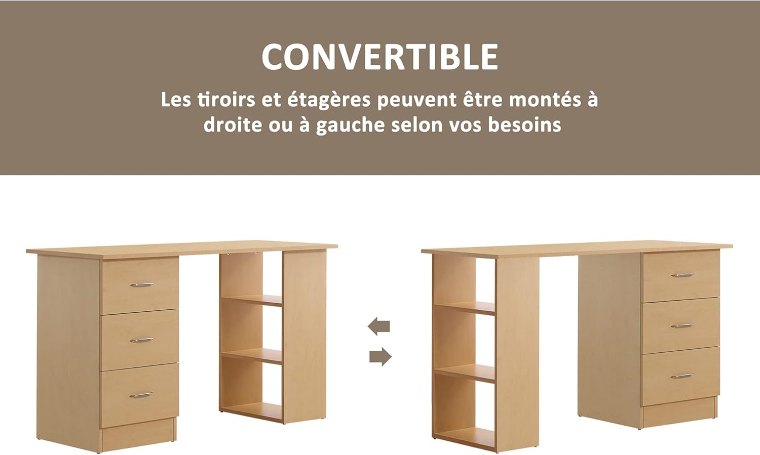 Detalle de HOMCOM Bureau d'ordinateur avec 3 tiroirs et 3 étagères – 120 x 49 x 72 cm, bois clair, rangement réversible