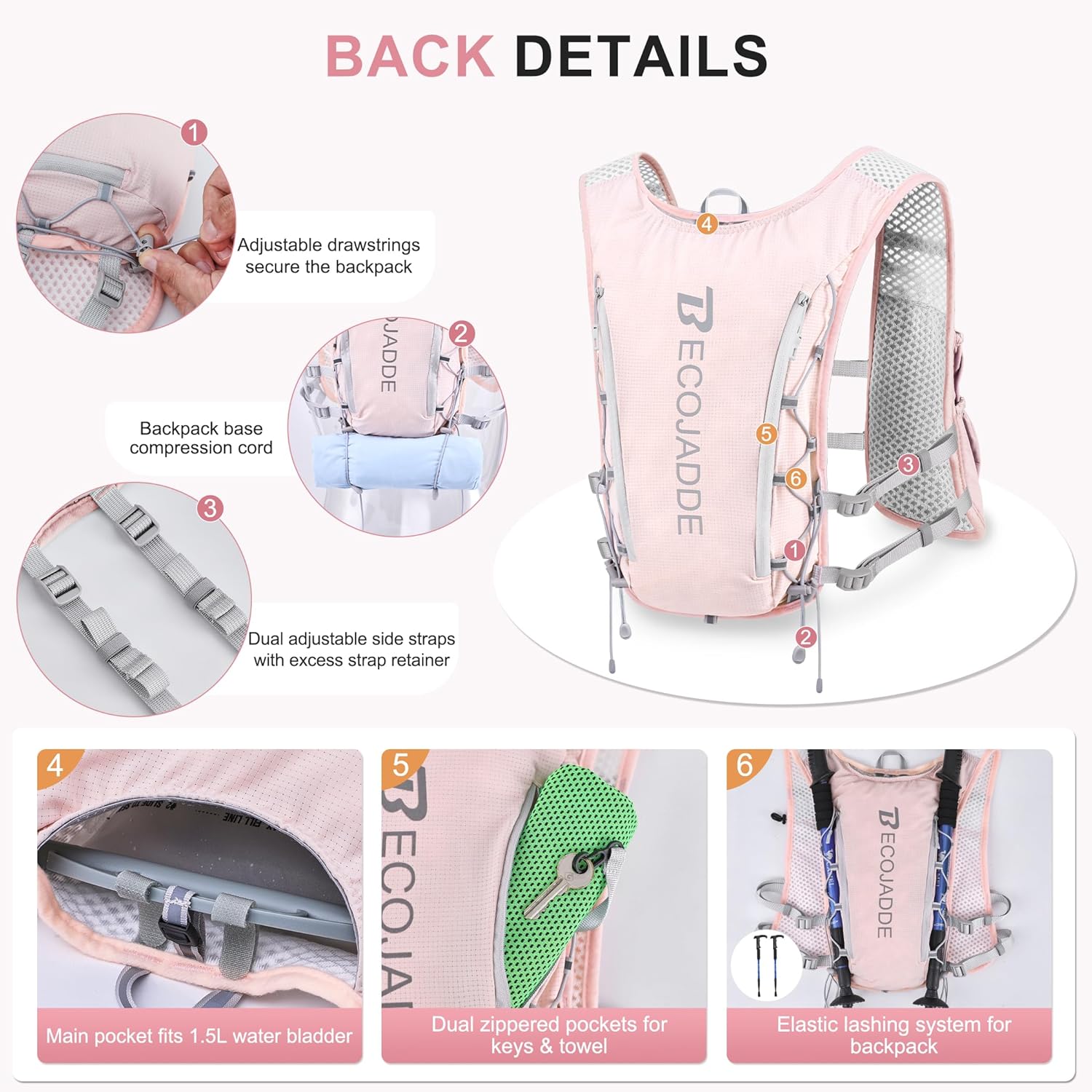 Detalle de BECOJADDE Running Vest for Women & Men — 5L/6L Lightweight Hydration Backpack for Marathon, Trail, Cycling, and More