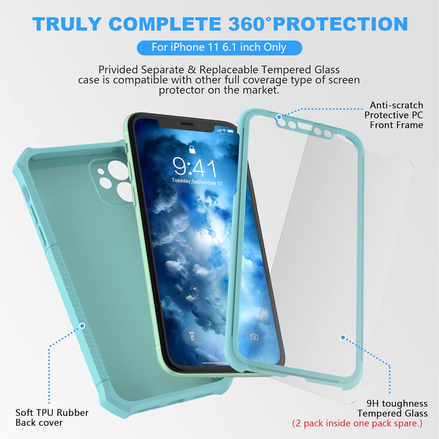 Thumbnail 2 de ORETECH 360° Shockproof Case for iPhone 11 with 2 x 9H Screen Protectors – Light Green