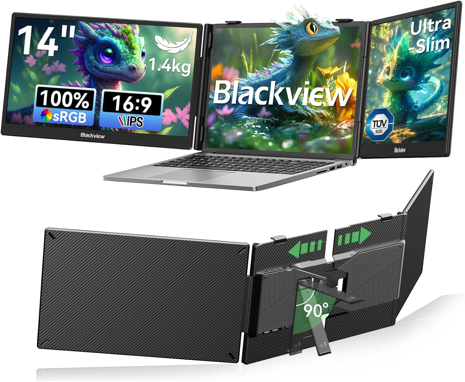 Detalle de Blackview 14" Laptop Screen Extender (Triple Screen) – Portable FHD Monitor with USB-C Plug & Play