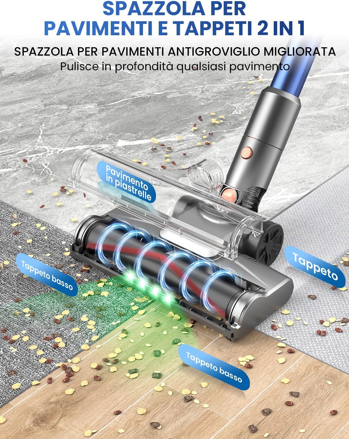 Thumbnail 5 de Dzaki Aspirapolvere Senza Fili 45KPa, 50 Mins, Display LED, Autoportante, 6×2500 mAh – Blu