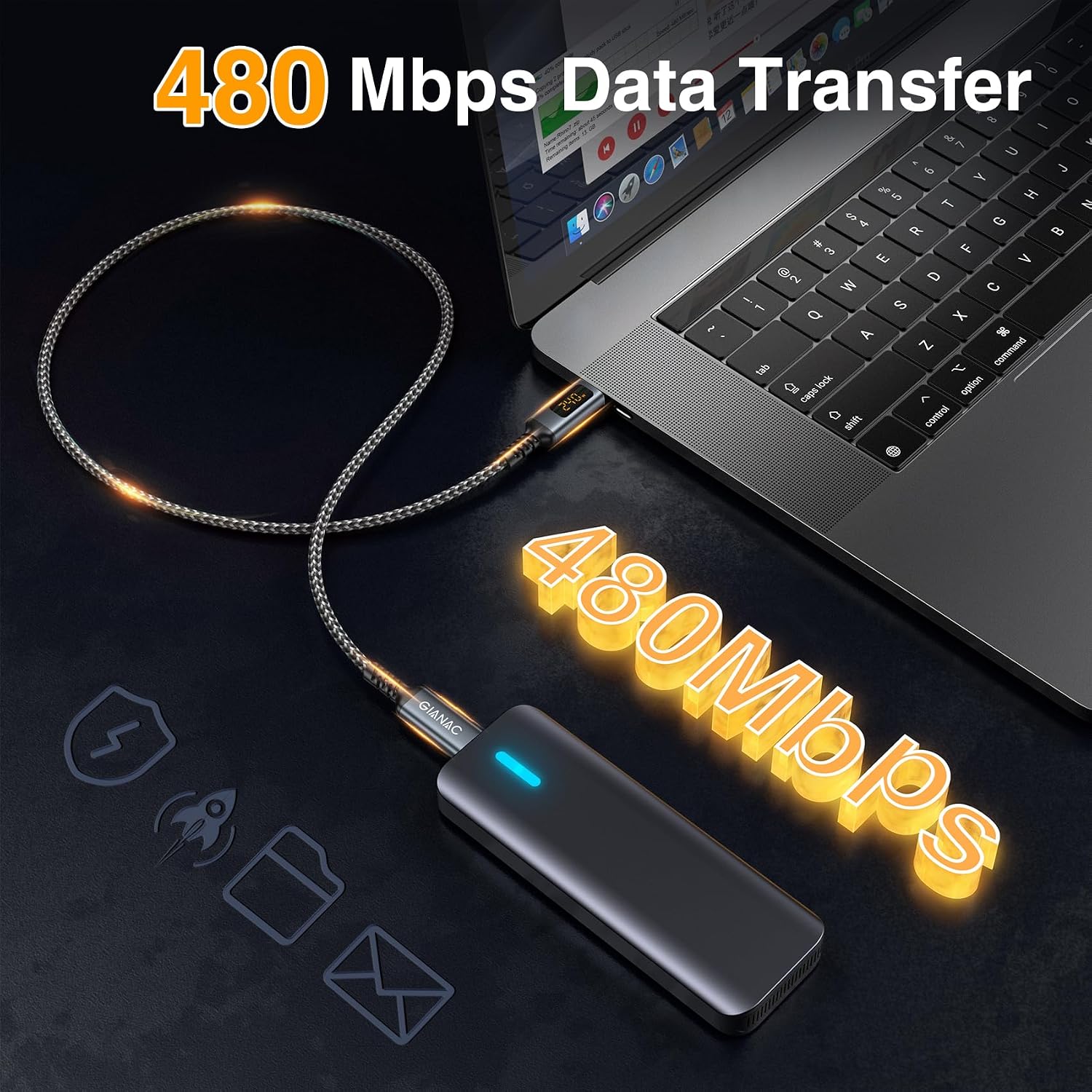 Detalle 2 de GIANAC 240W USB C Kabel mit LED-Display 2m ⚡