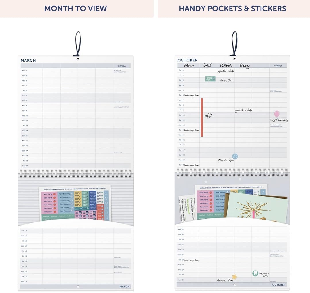 Detalle de Busy B Family Wall Calendar – Mid-Year 2026–2027 (Aug ’26–Aug ’27) with 5-Column Layout, Storage Pockets and Colour-Coded Stickers
