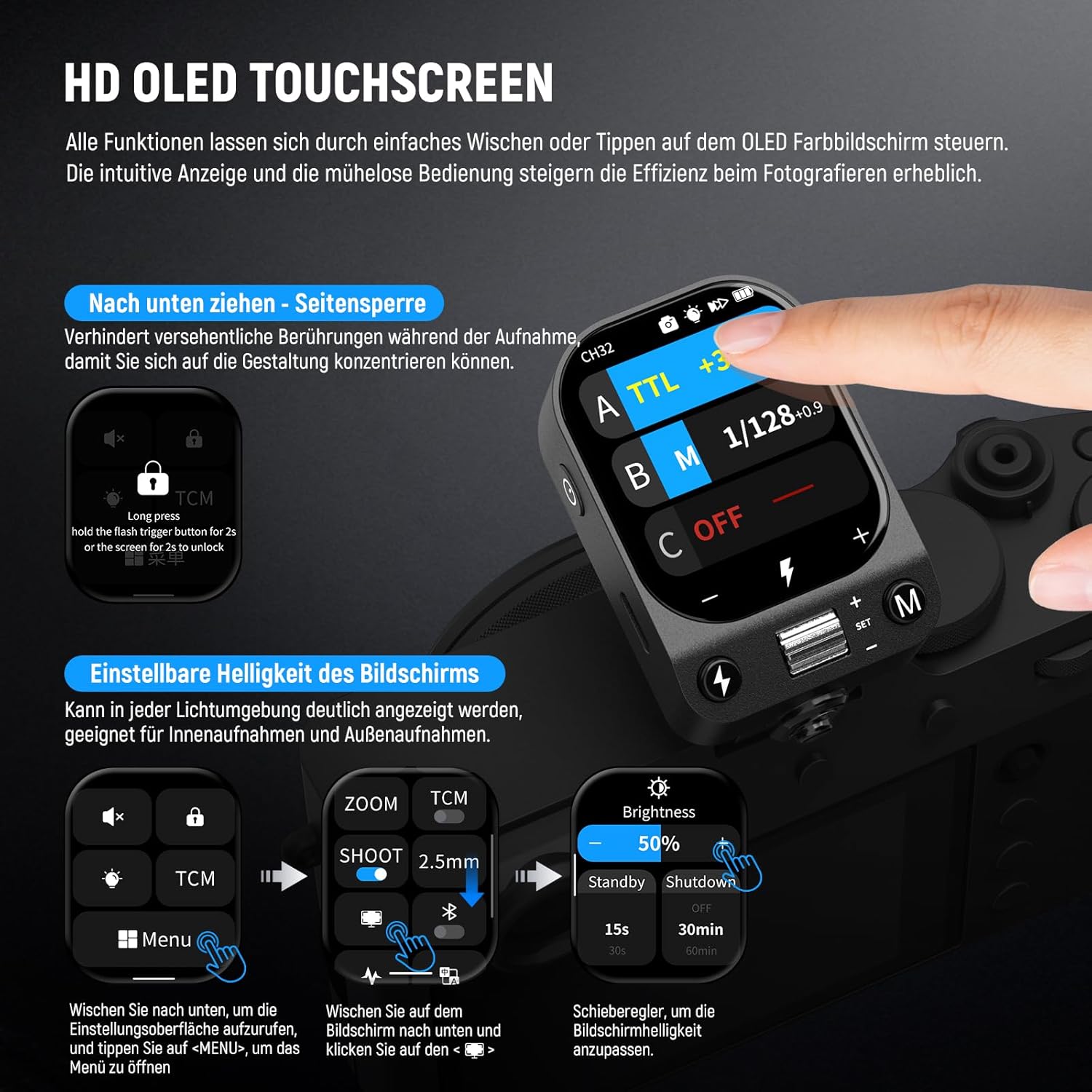Detalle de NEEWER QZ-F TTL Funk-Blitzauslöser für Fujifilm Kameras – OLED Touch, HSS 1/8000s, 1000mAh Akku