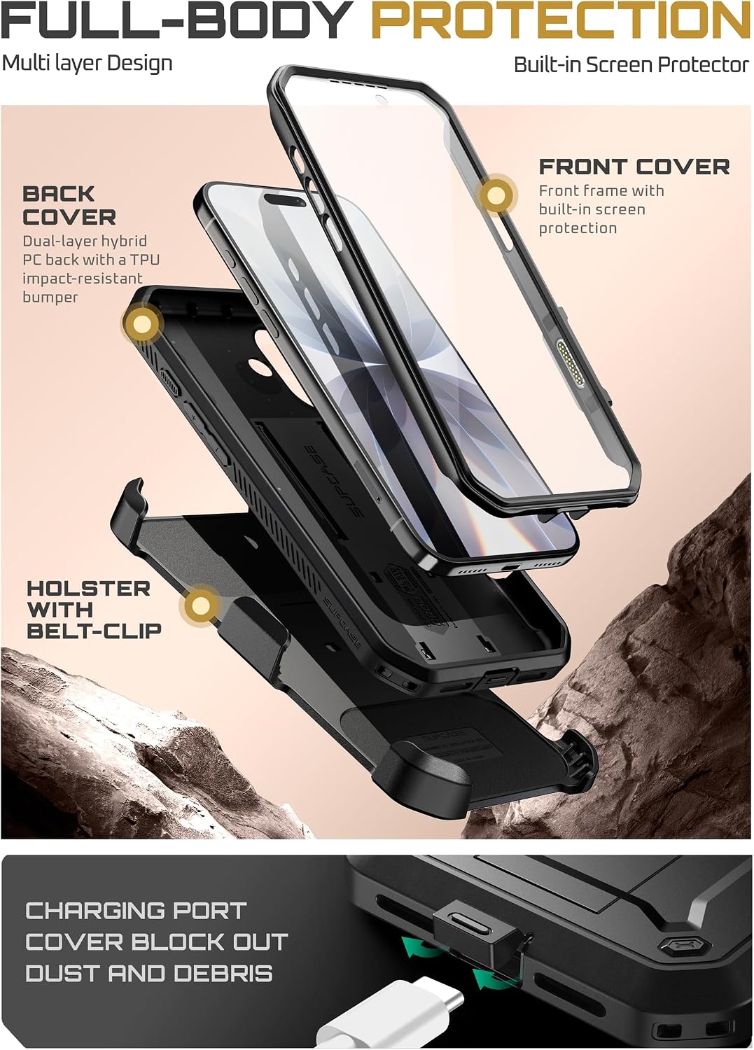 Detalle de SUPCASE Unicorn Beetle Pro SUP-iPhone2025-UBPro-SP-Black iPhone 17 Case with Kickstand
