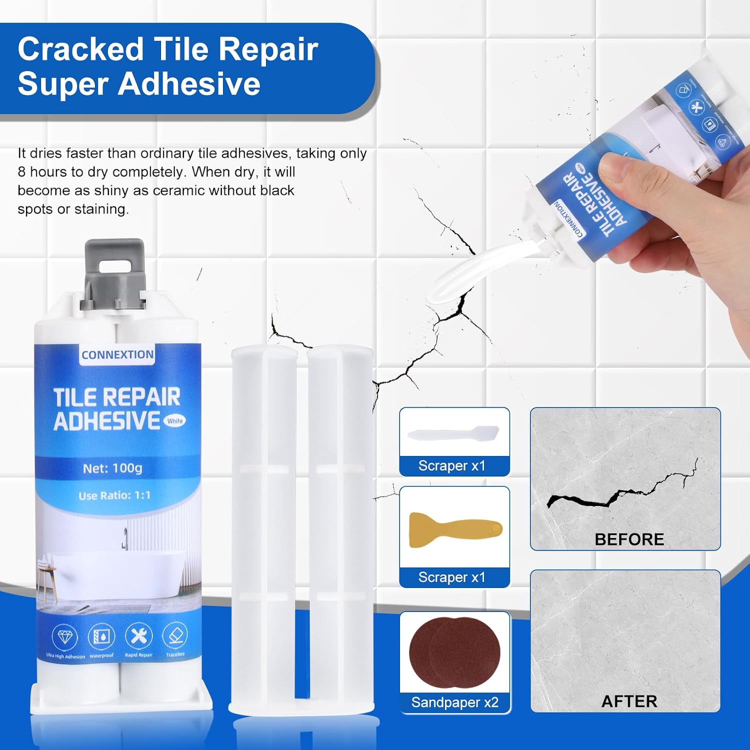 Detalle 1 de Connextion OJD-06135 White Bathtub Repair Kit, 100 g Resin Paste