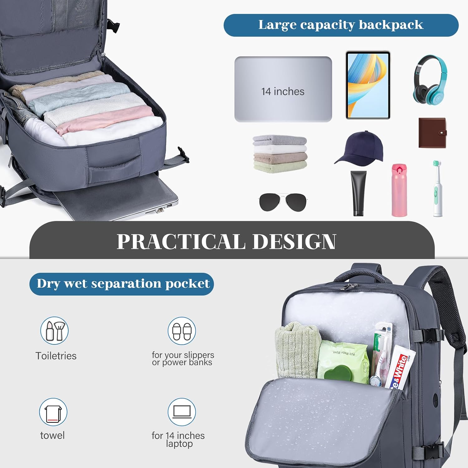 Detalle 2 de Hayayu Cabine 40x30x20 – Sac à dos de voyage 24L avec compartiment ordinateur 14 pouces