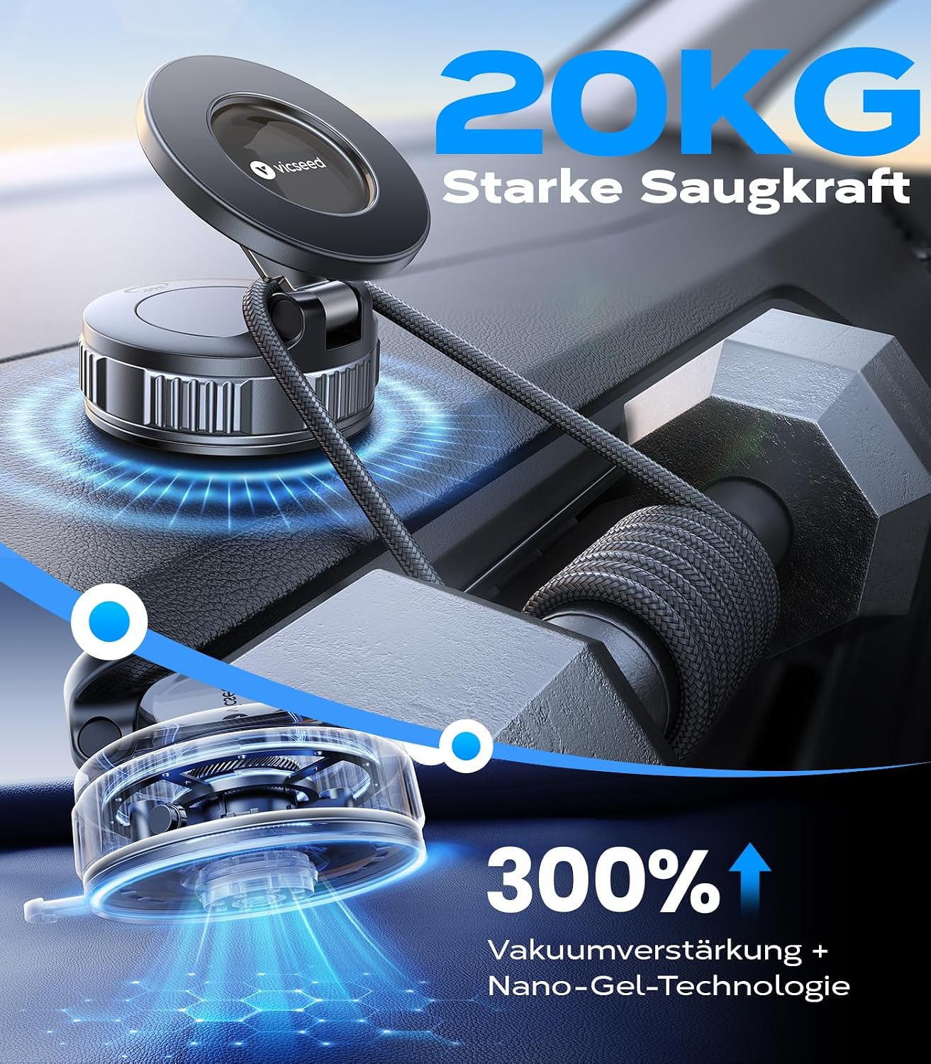 Detalle de VICSEED 2025 MagSafe Auto-Halterung mit Vakuumsaugnapf und N55 Magneten – 360° Drehung